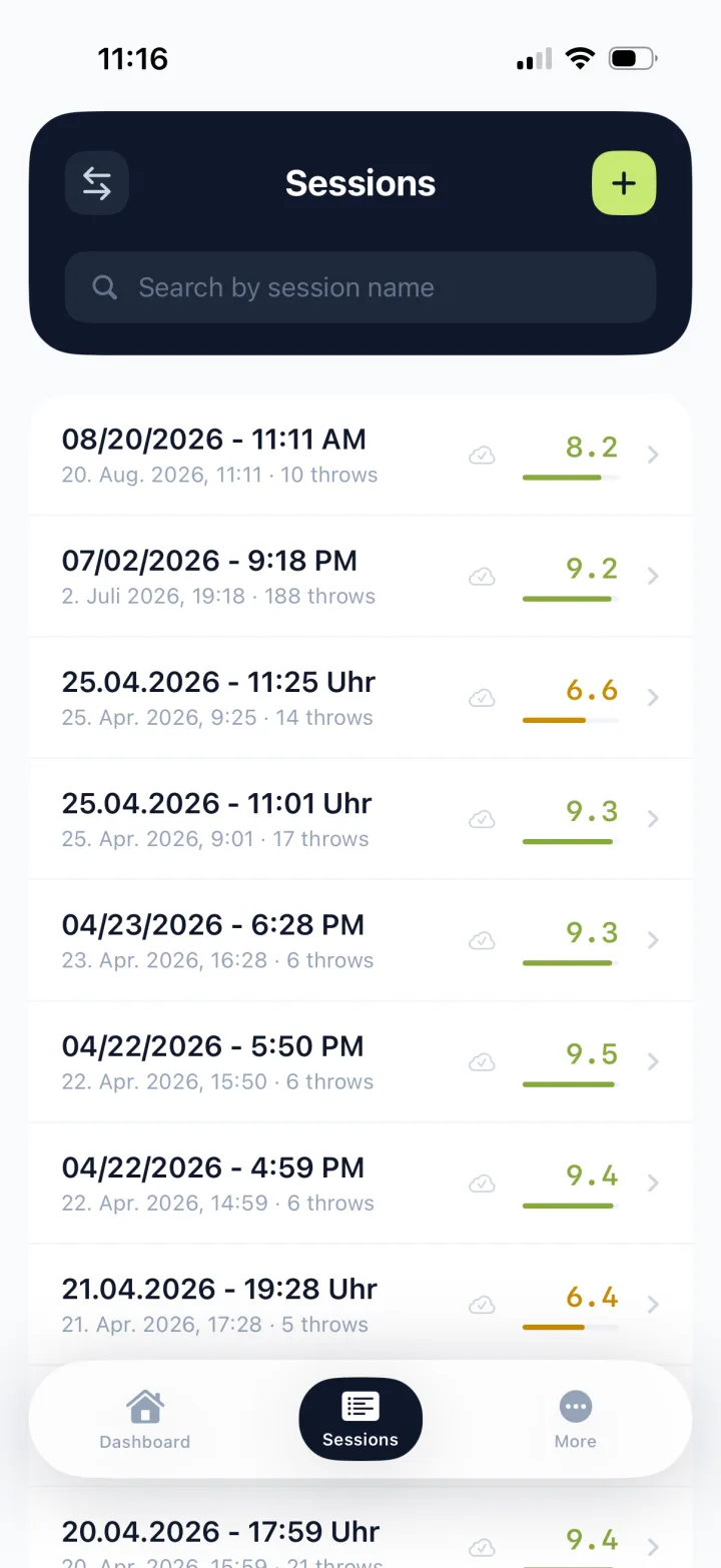 All training sessions with their rating in the mydart iPhone app
